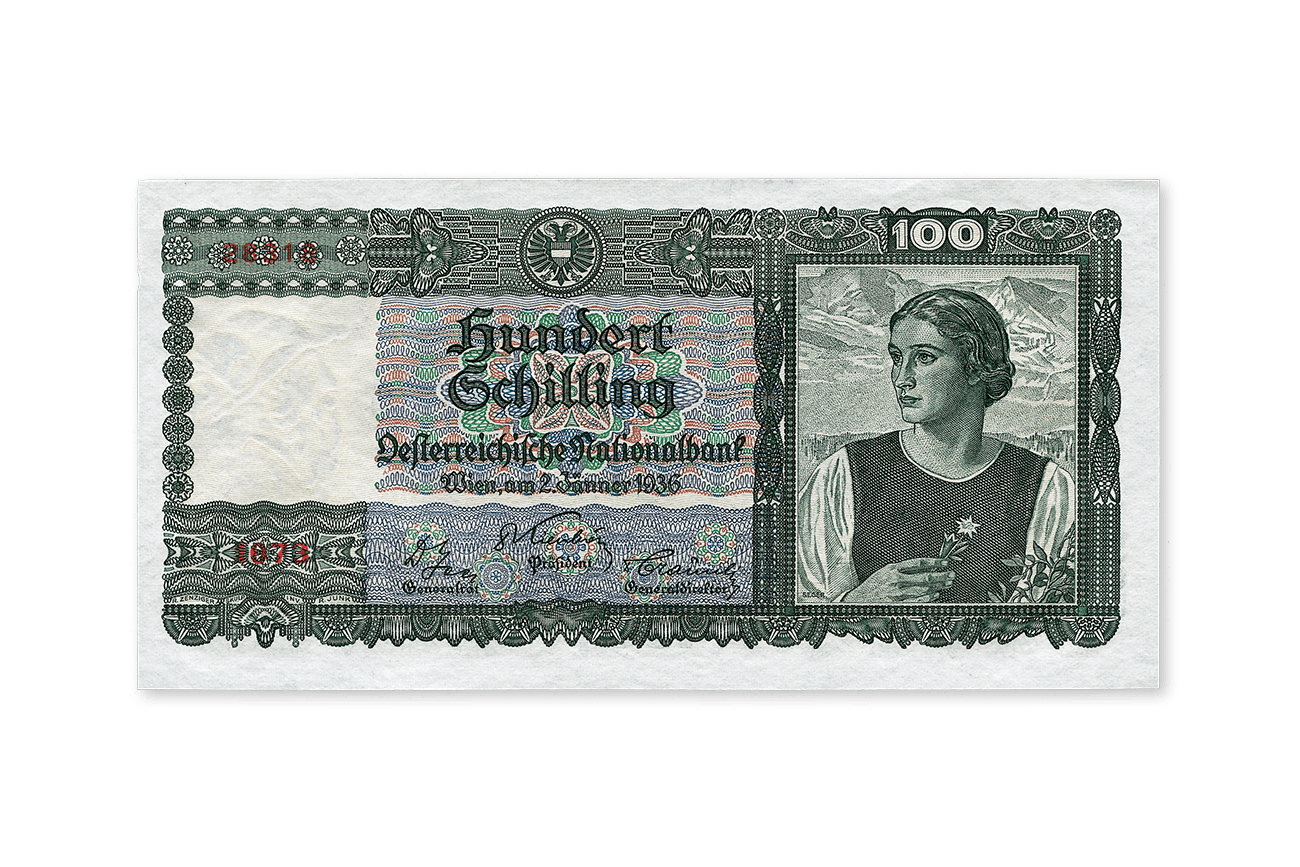 Geldmuseum | 100 Schilling-Banknote 1936, nicht ausgegeben